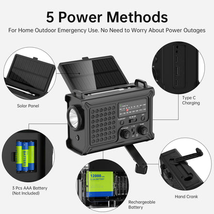 Solar Radio Emergency Hand Crank 12000mAh with Clear Signal, AM FM NOAA Weather Radio Battery Operated with 2-Mode LED Flashlight Cell Phone Charger Dual Outputs SOS