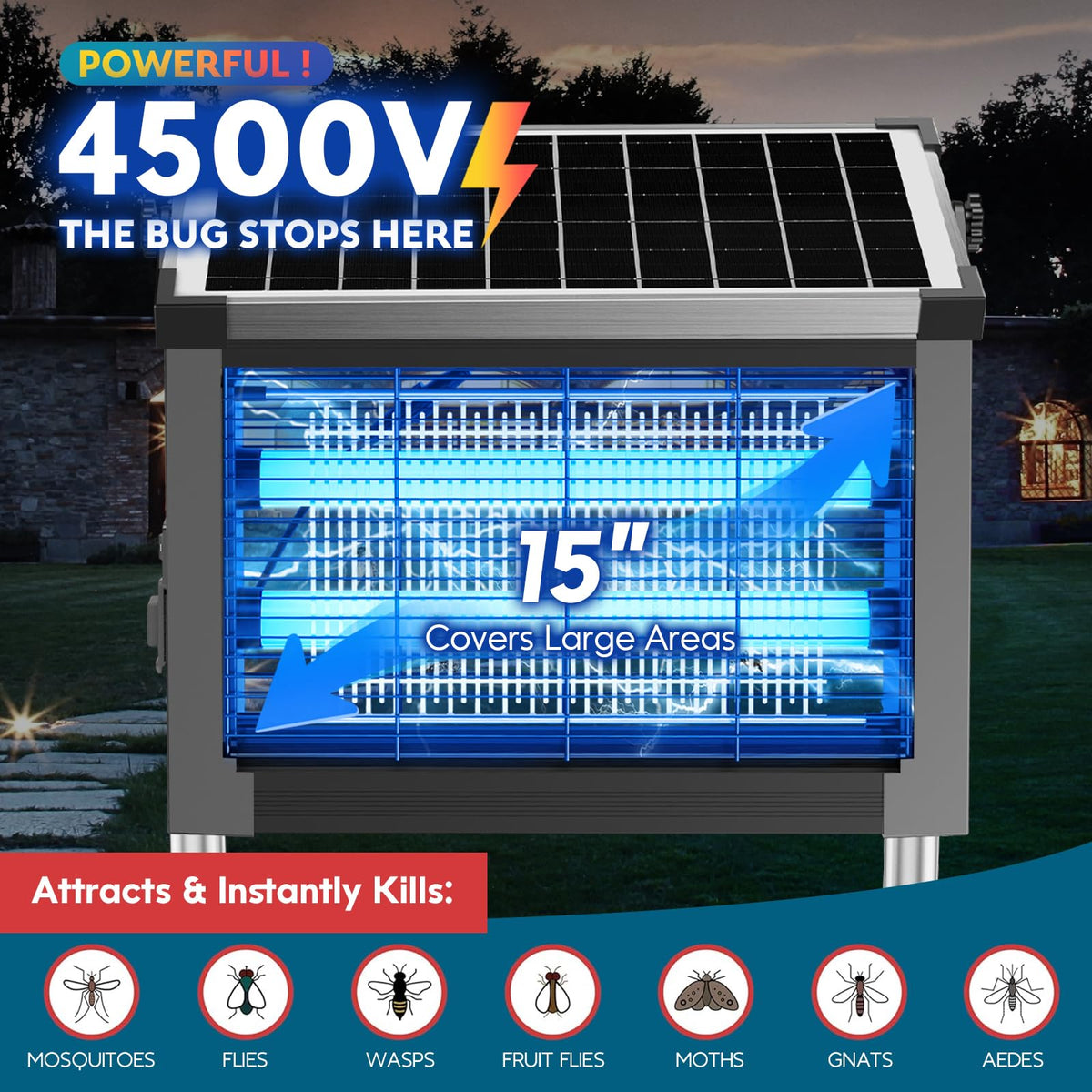 Solar Bug Zapper 4500V, Waterproof Mosquito Zapper Fly Traps Outdoor Patio
