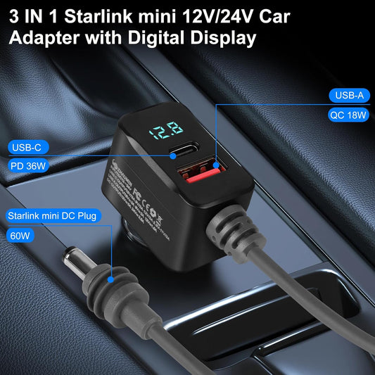 Starlink Mini Car Adapter 10FT 3-in-1 Cable & 12V-24V Adapter with Display | Starlink-Mini 12V Adapters for Cars, Trucks, RVs | USB-C PD 36W & USB-A QC 18W | Waterproof