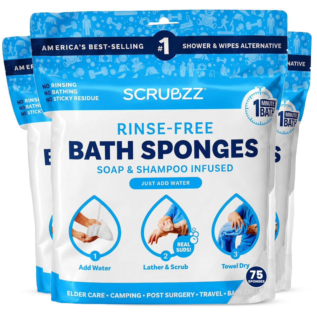 Scrubzz No-Rinse Bathing Wipes, 25 per Pack