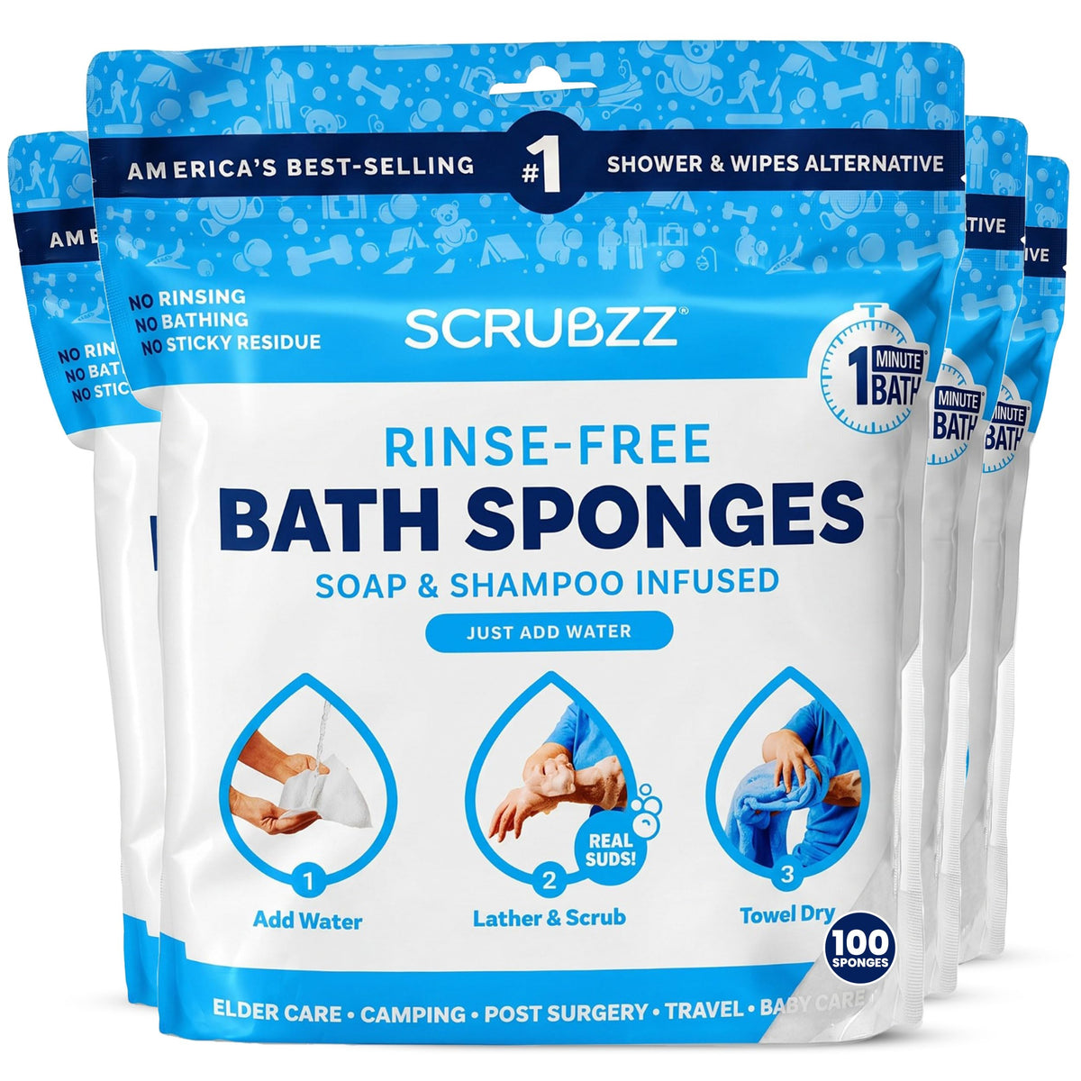 Scrubzz No-Rinse Bathing Wipes, 25 per Pack