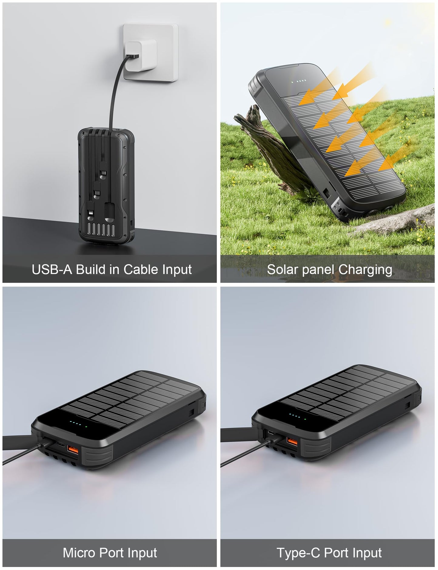 MINRISE Solar Power Bank 40000mAh, Portable Charger PD 20W Fast Charging Solar Charger Power Bank Built in 4 Cables and USB-C in/Output, Camping Essentials External Battery Pack with Flashlights