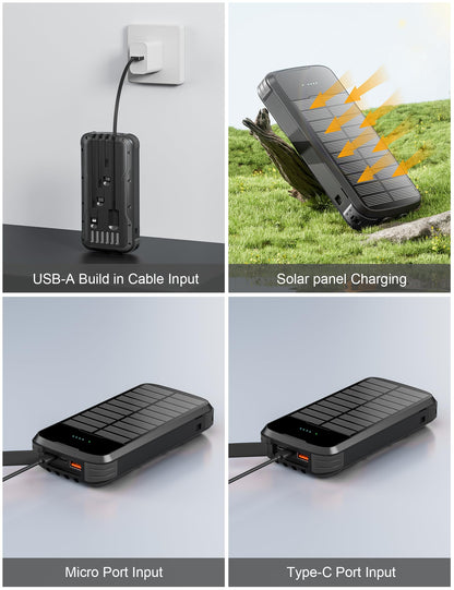 MINRISE Solar Power Bank 40000mAh, Portable Charger PD 20W Fast Charging Solar Charger Power Bank Built in 4 Cables and USB-C in/Output, Camping Essentials External Battery Pack with Flashlights