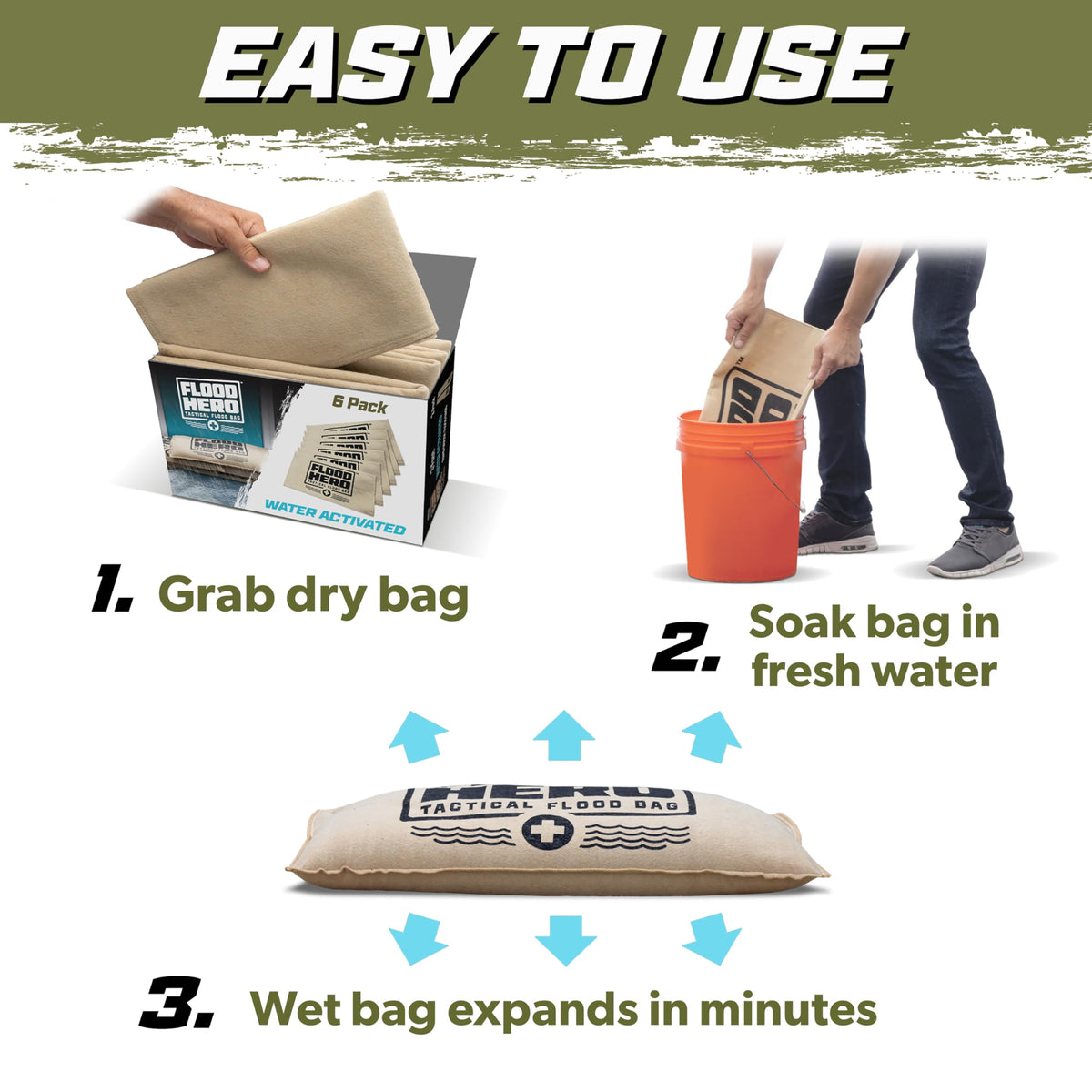 Flood Hero 6 ft Water Activated Sandbags - 2 Pack Flood Bag Barriers for Home