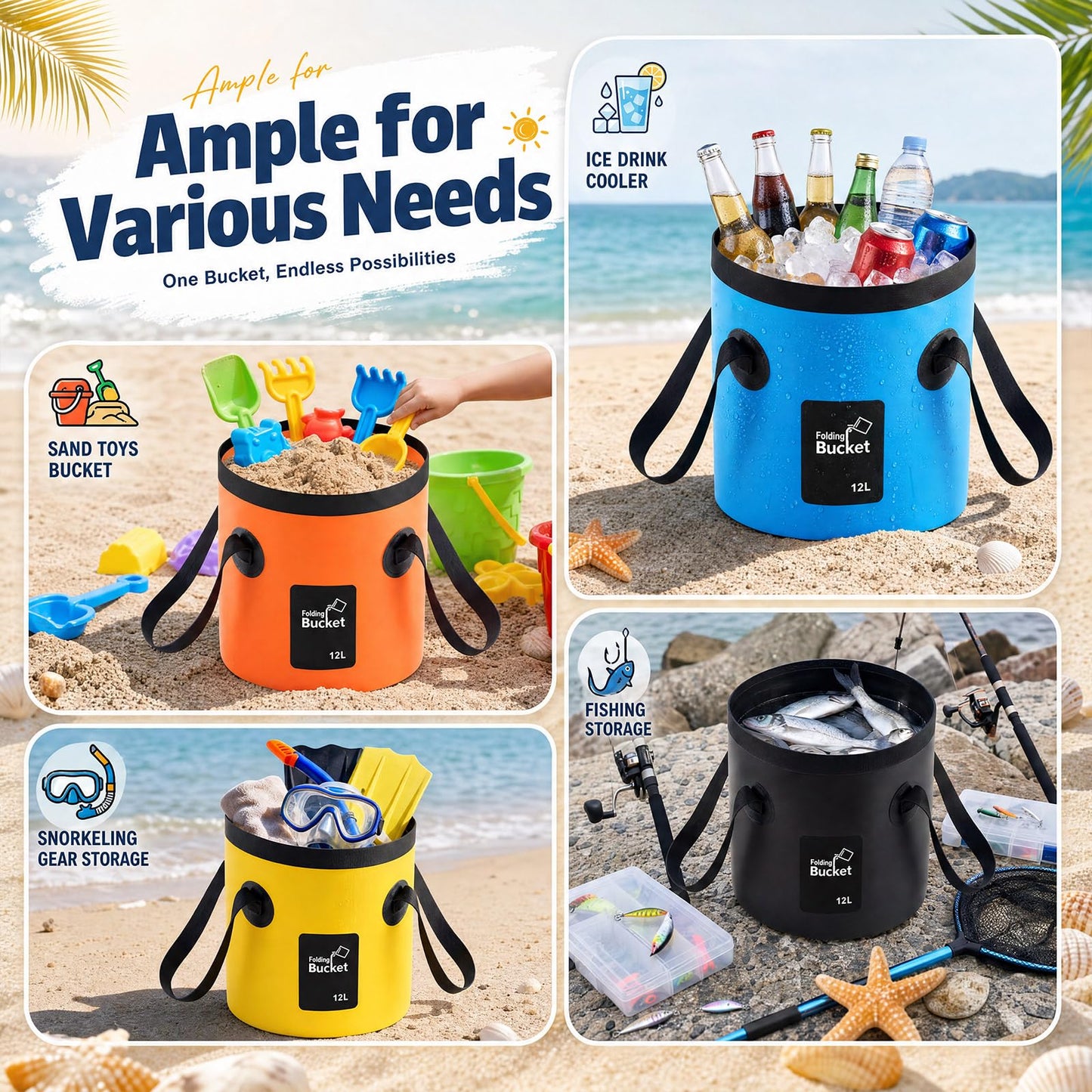 3 Gallon 4 Pack Collapsible Bucket, Foldable Water Bucket with Handles, Portable Camping Buckets for Fishing, Hiking, Cleaning, Outdoor & Travel Use (Multicolor)