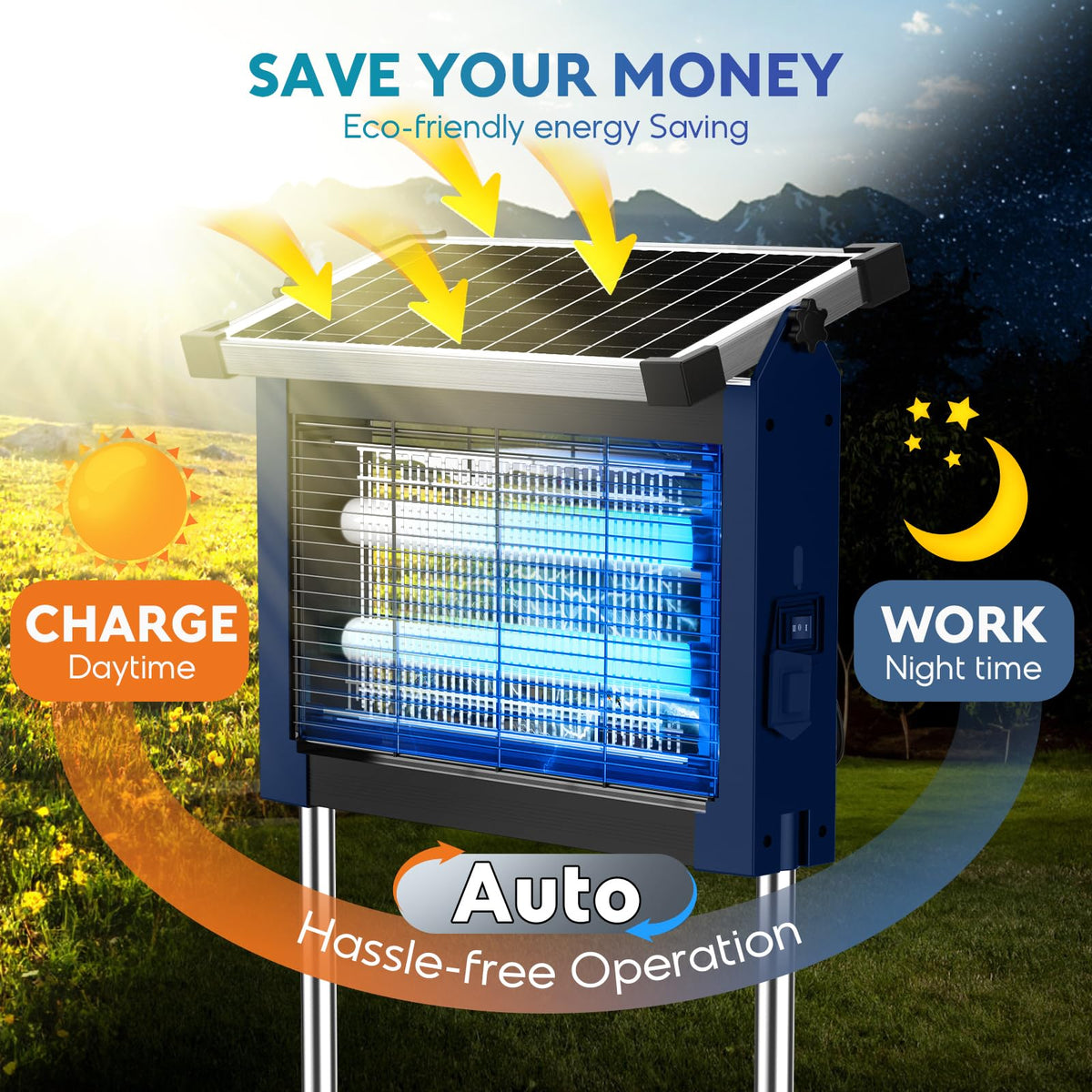 Solar Bug Zapper 4500V, Waterproof Mosquito Zapper Fly Traps Outdoor Patio