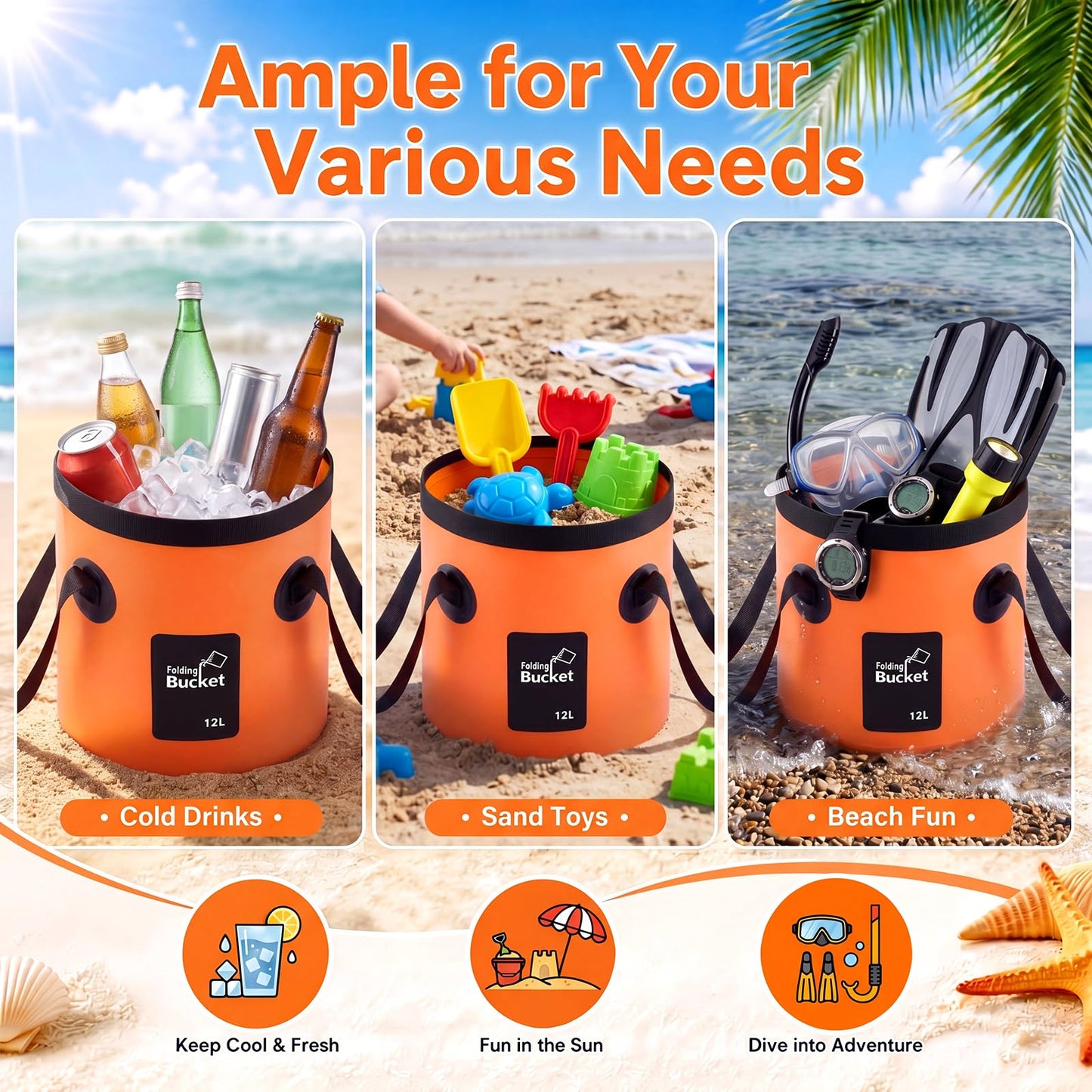 3 Gallon 4 Pack Collapsible Bucket, Foldable Water Bucket with Handles, Portable Camping Buckets for Fishing, Hiking, Cleaning, Outdoor & Travel Use (Multicolor)