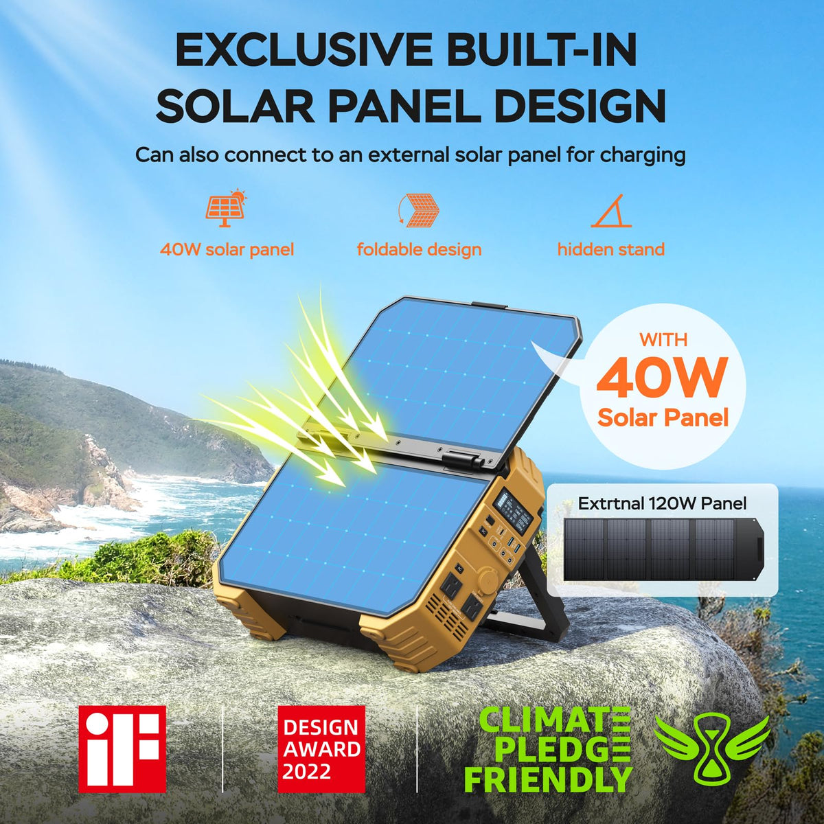 BLAVOR 1600W Solar Generator, 1024Wh Power Station with Built-In 40W Panel