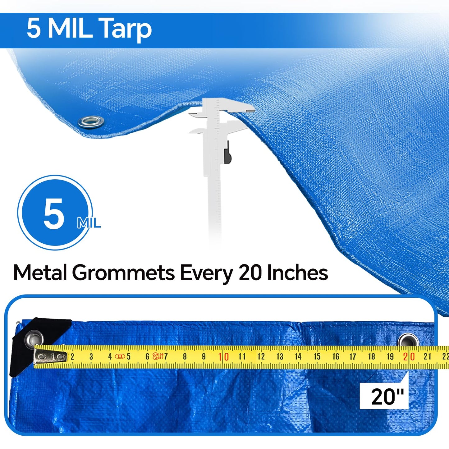 Blue Tarp 8x10 FT (4 Pack), 5 Mil Waterproof Poly Tarp, Reinforced Edges, Upgraded 20" Grommet Spacing, Multi-Purpose Tarpaulin, Cover for Camping, Roof, Yard, Budget Value Pack