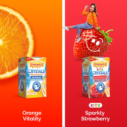 Emergen-C Kidz Crystals, On-the-Go Emergen-C Immune Support Supplement with Vitamin C, B Vitamins, Zinc and Manganese, Sparkly Strawberry, Stocking Stuffer - 56 Stick Packs