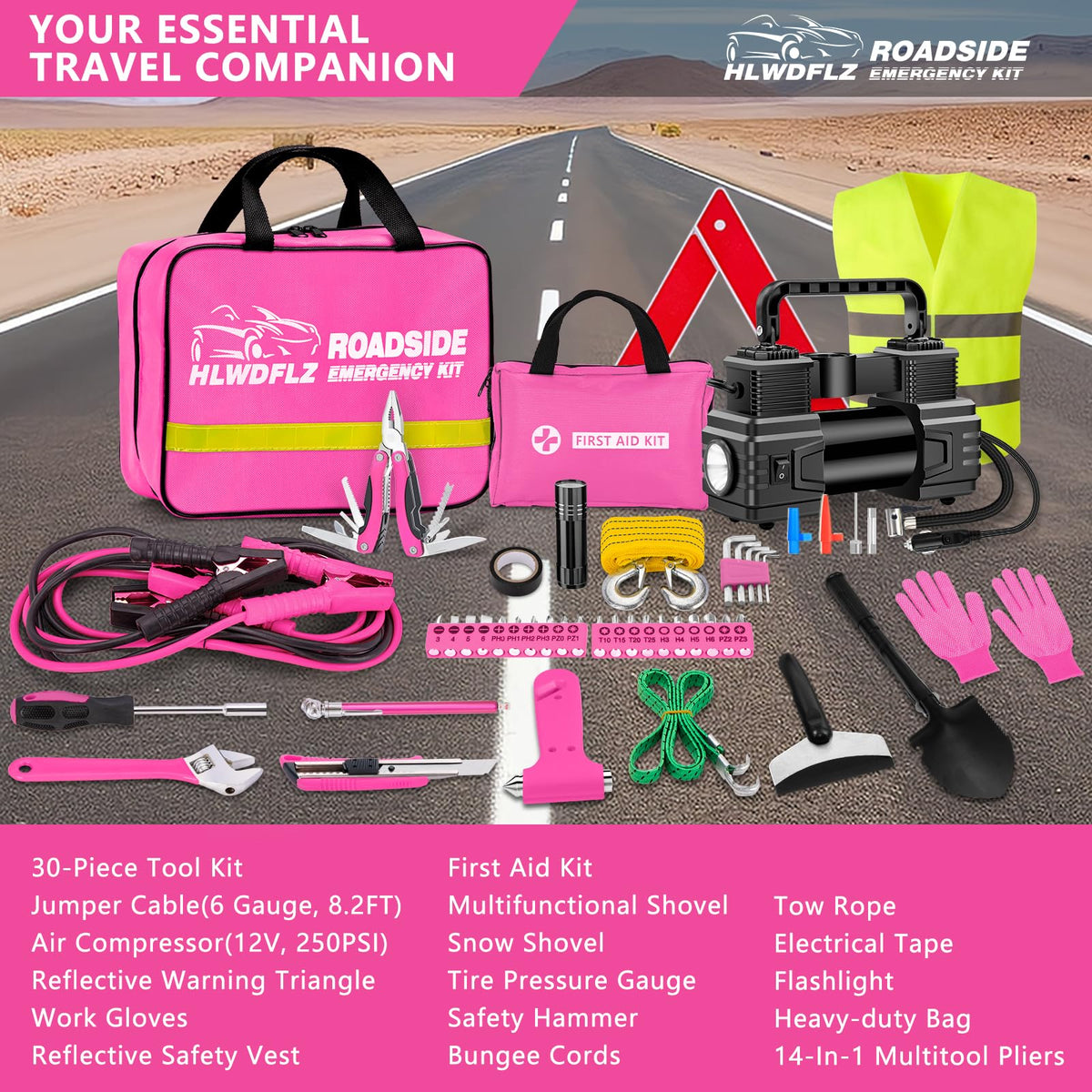 Car Emergency Kit with 12V Air Compressor, Jumper Cables, First Aid & Auto Tools