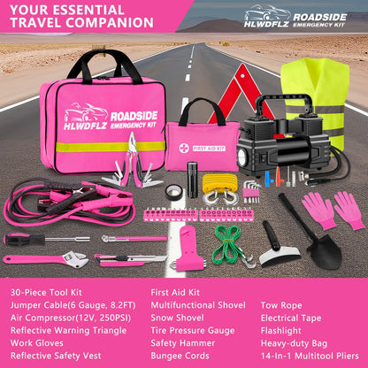 Car Emergency Kit with 12V Air Compressor, Jumper Cables, First Aid & Auto Tools