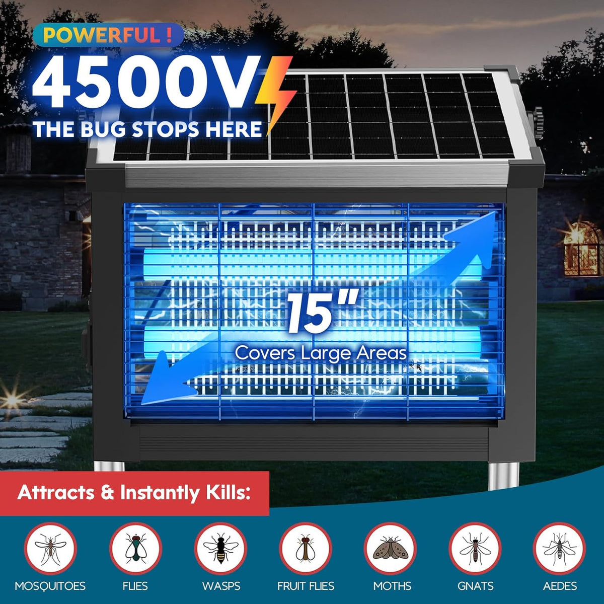 Solar Bug Zapper 4500V, Waterproof Mosquito Zapper Fly Traps Outdoor Patio