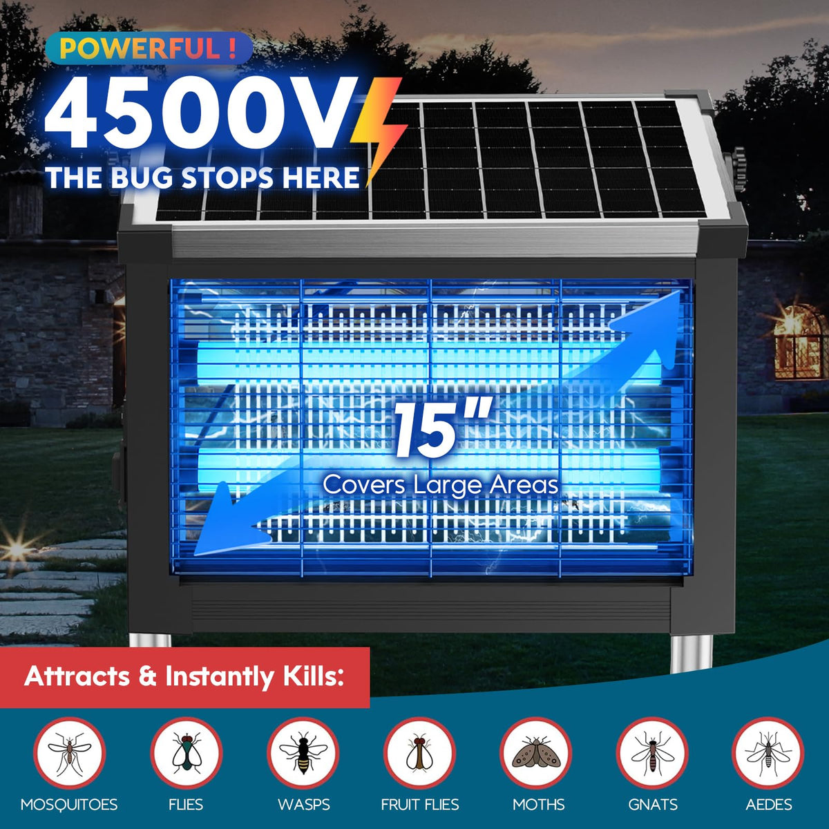 Solar Bug Zapper 4500V, Waterproof Mosquito Zapper Fly Traps Outdoor Patio