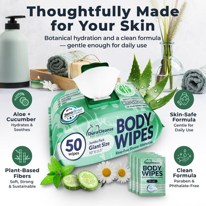 XL Body Wipes for Adults Bathing – 50 Ct + 4 Travel Shower Wipes 10 x 11.5" Thick Cleansing No Rinse Bath Wash Sheets for Elderly, Incontinence, Men & Women, Camping Essentials Disposable Washcloths