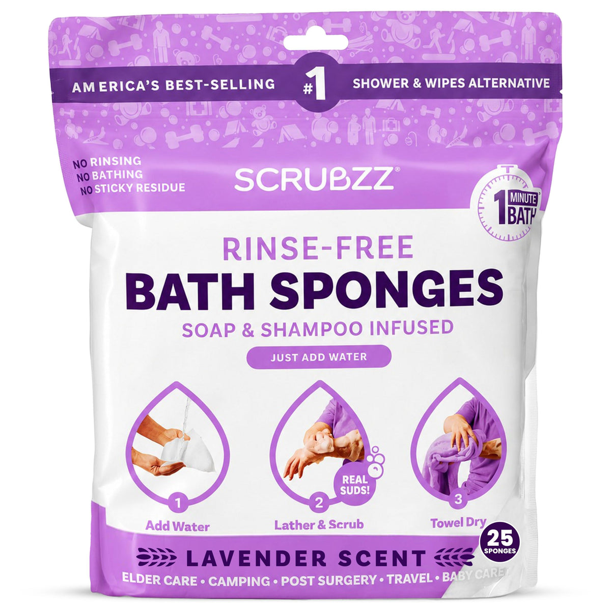 Scrubzz No-Rinse Bathing Wipes, 25 per Pack