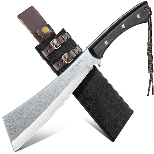 Freelander Japanese Machete for Cutting Trees Heavy Duty, Full Tang Black Survival Machete Knife with Wooden Sheath for Yard Work, Gardening, Camping and Bushcraft, Gifts for Men