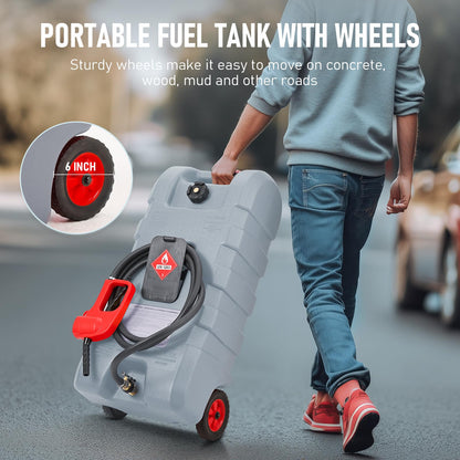 15 Gallon Gas Can, Fuel Tank Container with LE Fluid Transfer Manual Siphon Pump & 10FT Hose, Portable Diesel Gas Storage Caddy with Wheels for Car, ATV, Weeder, Boat, etc., Red