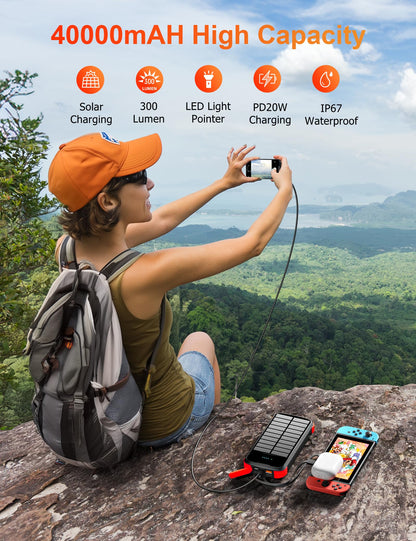 MINRISE Solar Power Bank 40000mAh, Portable Charger PD 20W Fast Charging Solar Charger Power Bank Built in 4 Cables and USB-C in/Output, Camping Essentials External Battery Pack with Flashlights
