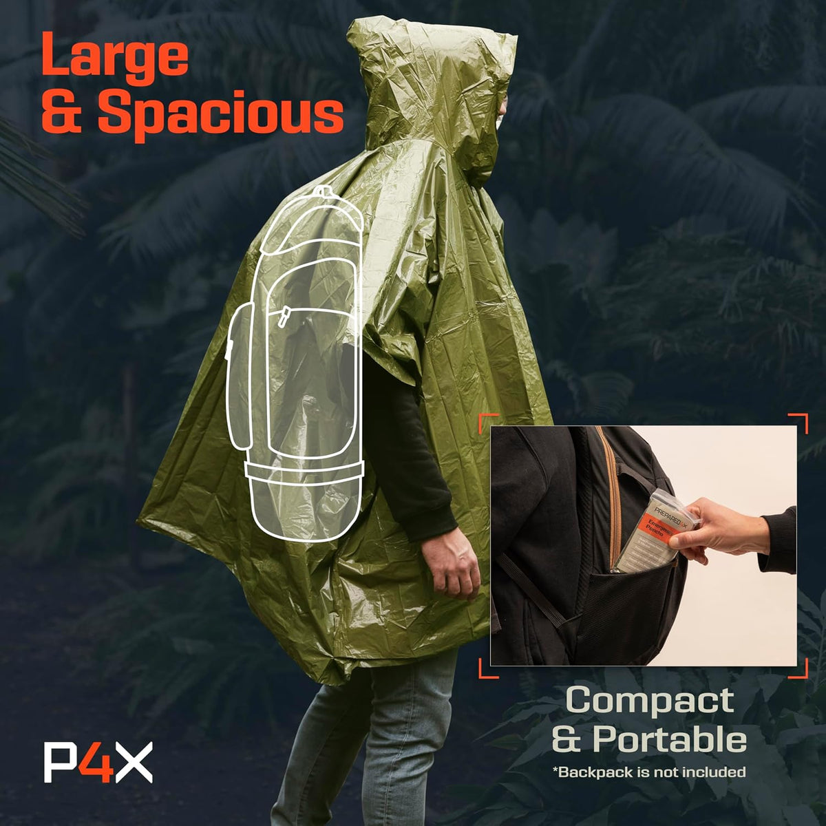 PREPARED4X Hooded Emergency Mylar Poncho