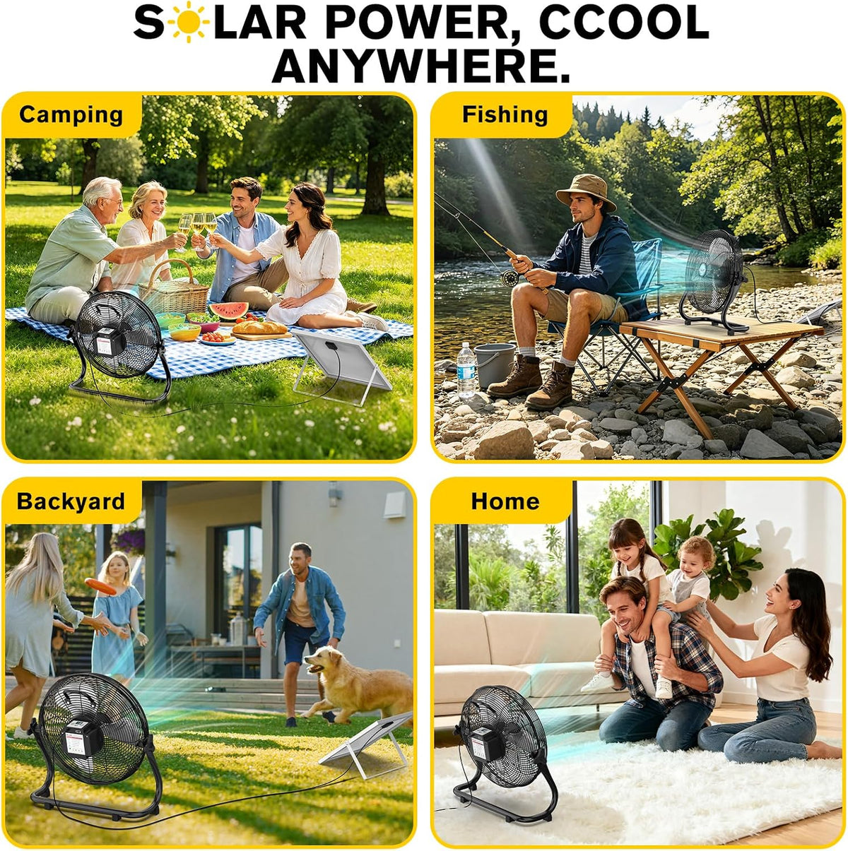 16" Solar Powered Fan with 20W Detachable Solar Panel, Black