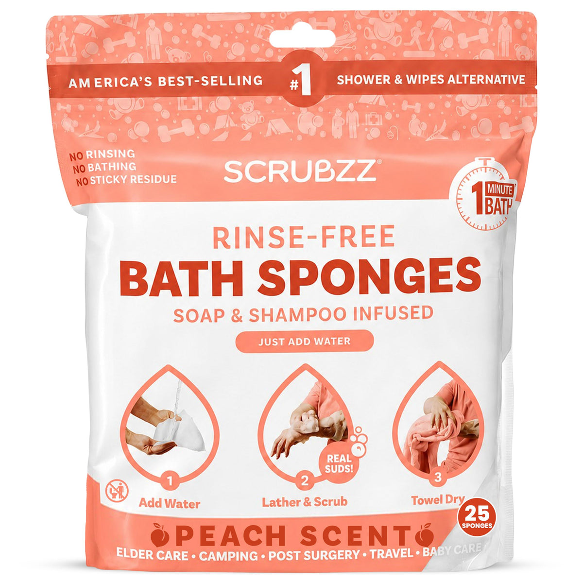 Scrubzz No-Rinse Bathing Wipes, 25 per Pack
