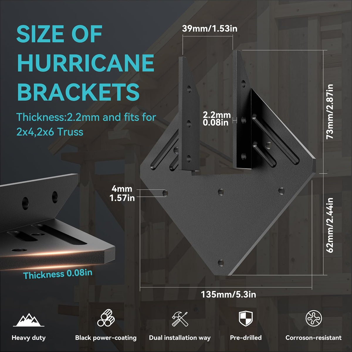 10 PCS Heavy Duty Black Hurricane Ties for Rafters,13 Gauge Thickness 2.2mm