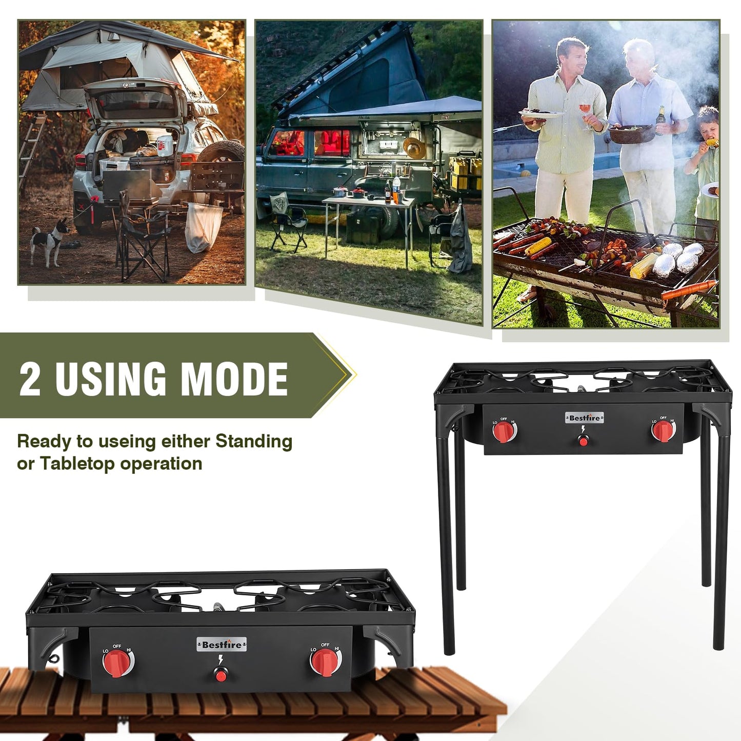 Bestfire 3 Burners Camping Stove for Cooking Outdoor, 225,000 BTU Propane Burners with Ignition wire&Removable Legs, Temperature Control Knobs and 20 PSIG High Pressure Regulator for BBQ