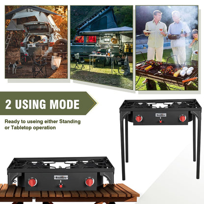 Bestfire 3 Burners Camping Stove for Cooking Outdoor, 225,000 BTU Propane Burners with Ignition wire&Removable Legs, Temperature Control Knobs and 20 PSIG High Pressure Regulator for BBQ