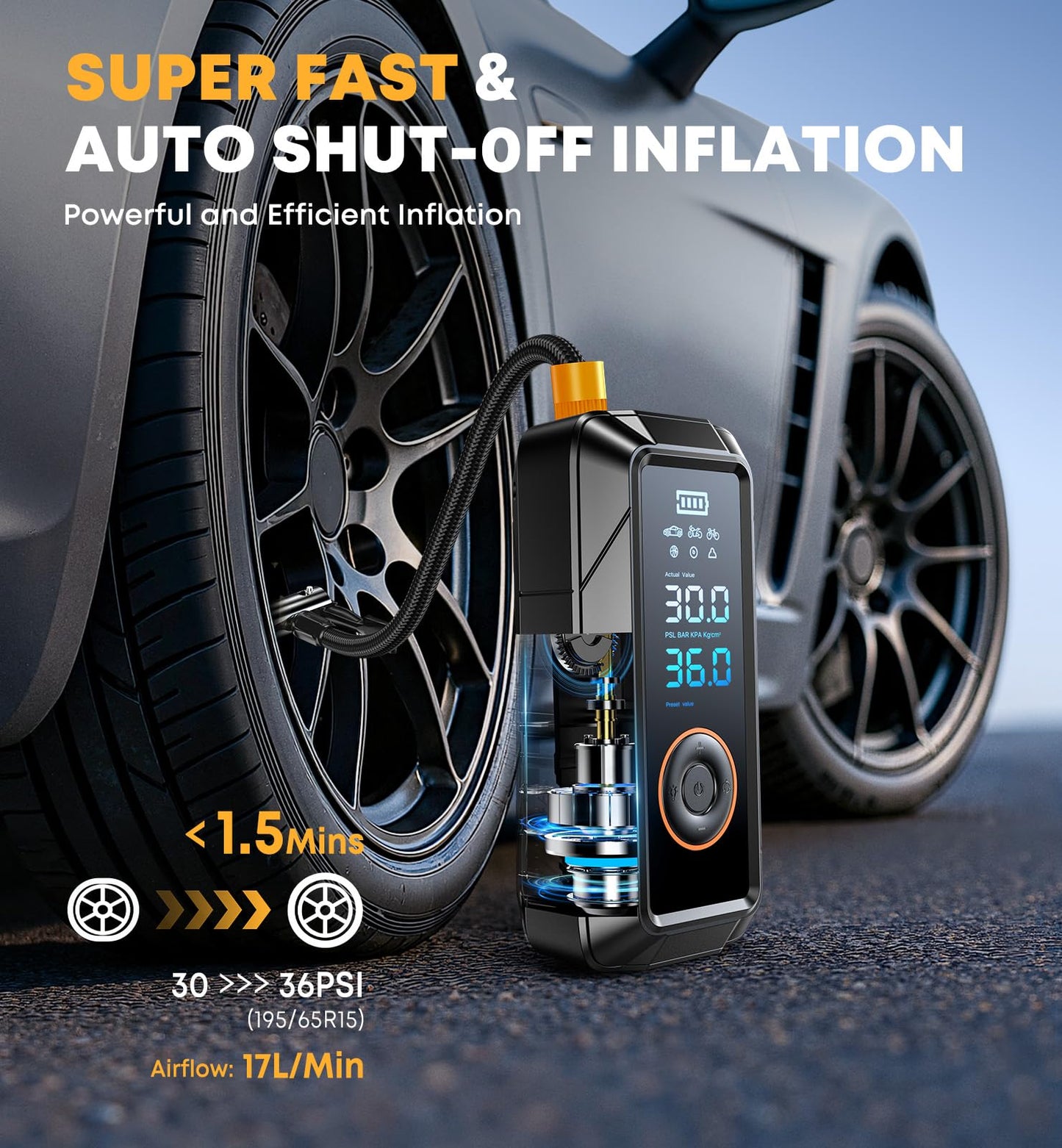 Tire Inflator Portable Air Compressor Portable Air Pump Cordless Bike Pump with Digital Dual Values Display 150 PSI Car Tires Pump with LED Lights Air Pump