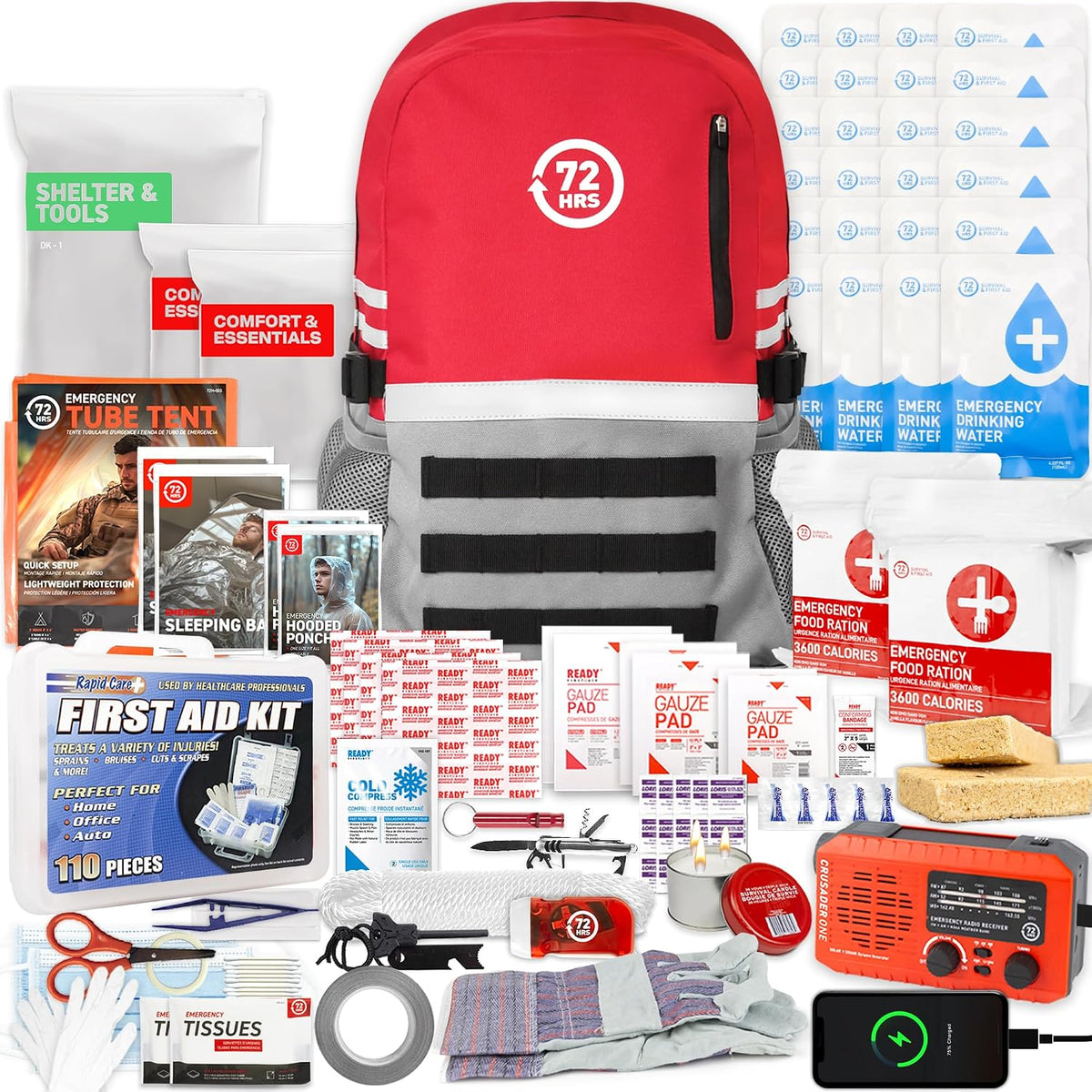 72 HRS Deluxe 72-Hour Emergency Survival Kit, Bag, First Aid, Water & Food