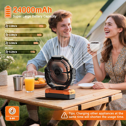 FRIZCOL 3-in-1 Camping Fan - Portable Fans Rechargeable - 24000mAh Battery Powered Fan with Light & Remote for Indoor, Outdoor, Tent, Travel, Fishing, Jobsite, Gifts for Men Dad Him - Orange