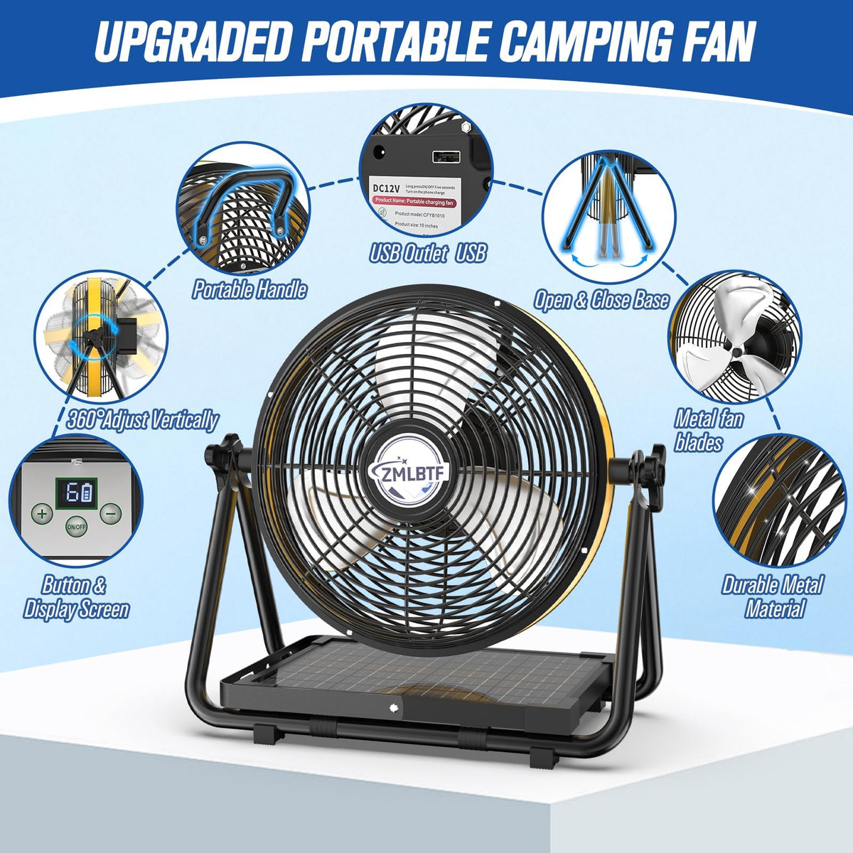 16" Solar Powered Fan with 20W Detachable Solar Panel, Black