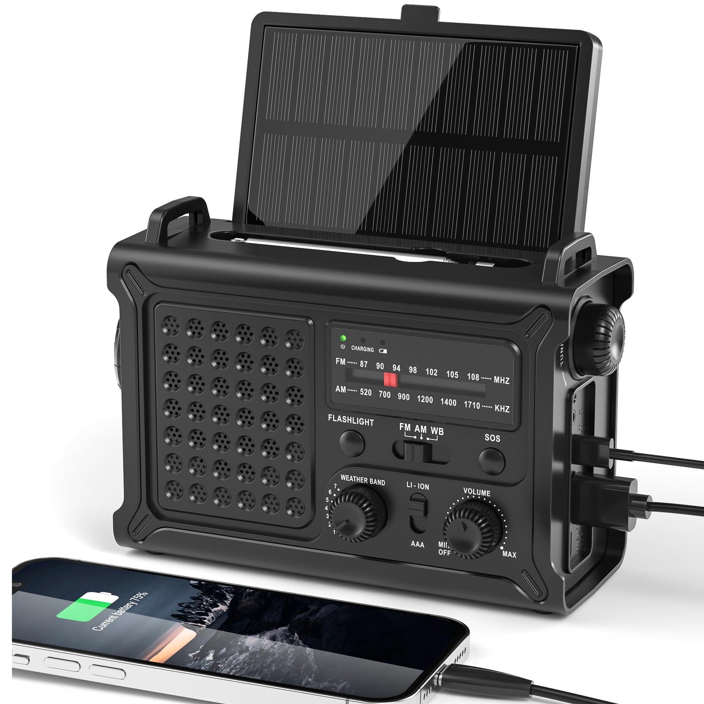 Solar Radio Emergency Hand Crank 12000mAh with Clear Signal, AM FM NOAA Weather Radio Battery Operated with 2-Mode LED Flashlight Cell Phone Charger Dual Outputs SOS