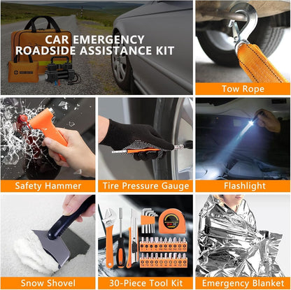 Car Emergency Kit with 12V Air Compressor, Jumper Cables, First Aid & Auto Tools