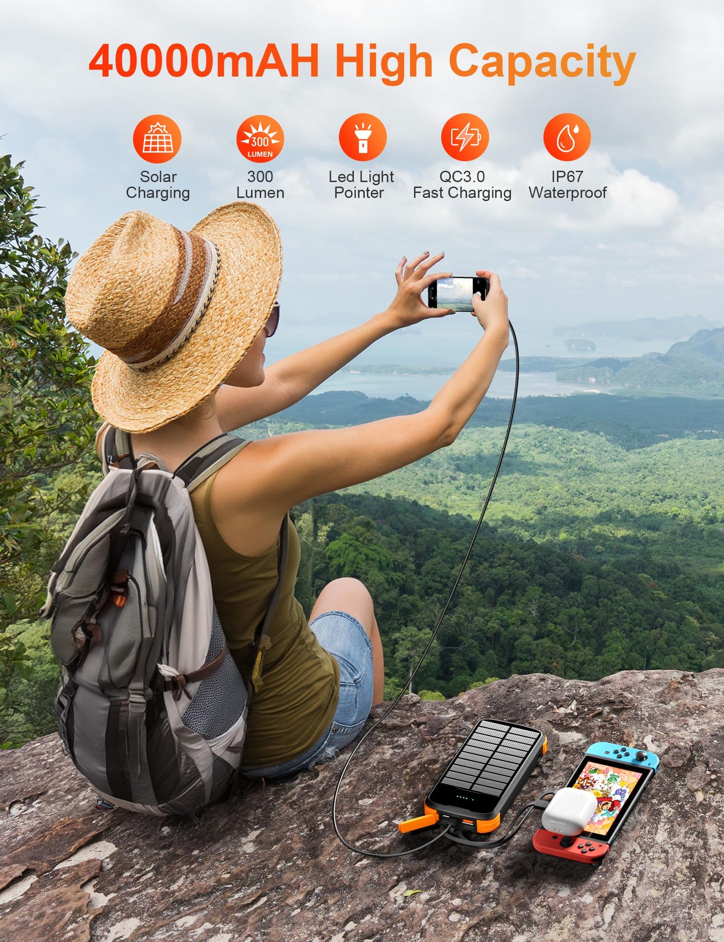 MINRISE Solar Power Bank 40000mAh, Portable Charger PD 20W Fast Charging Solar Charger Power Bank Built in 4 Cables and USB-C in/Output, Camping Essentials External Battery Pack with Flashlights