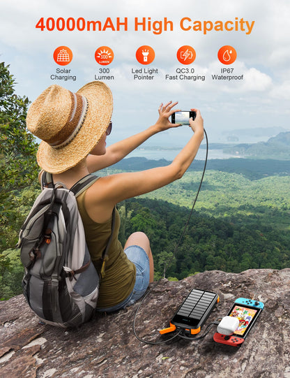 MINRISE Solar Power Bank 40000mAh, Portable Charger PD 20W Fast Charging Solar Charger Power Bank Built in 4 Cables and USB-C in/Output, Camping Essentials External Battery Pack with Flashlights