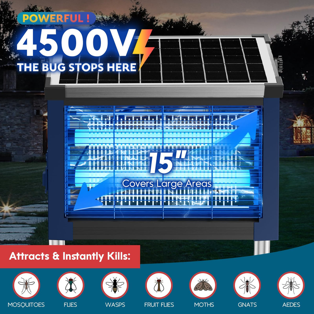Solar Bug Zapper 4500V, Waterproof Mosquito Zapper Fly Traps Outdoor Patio