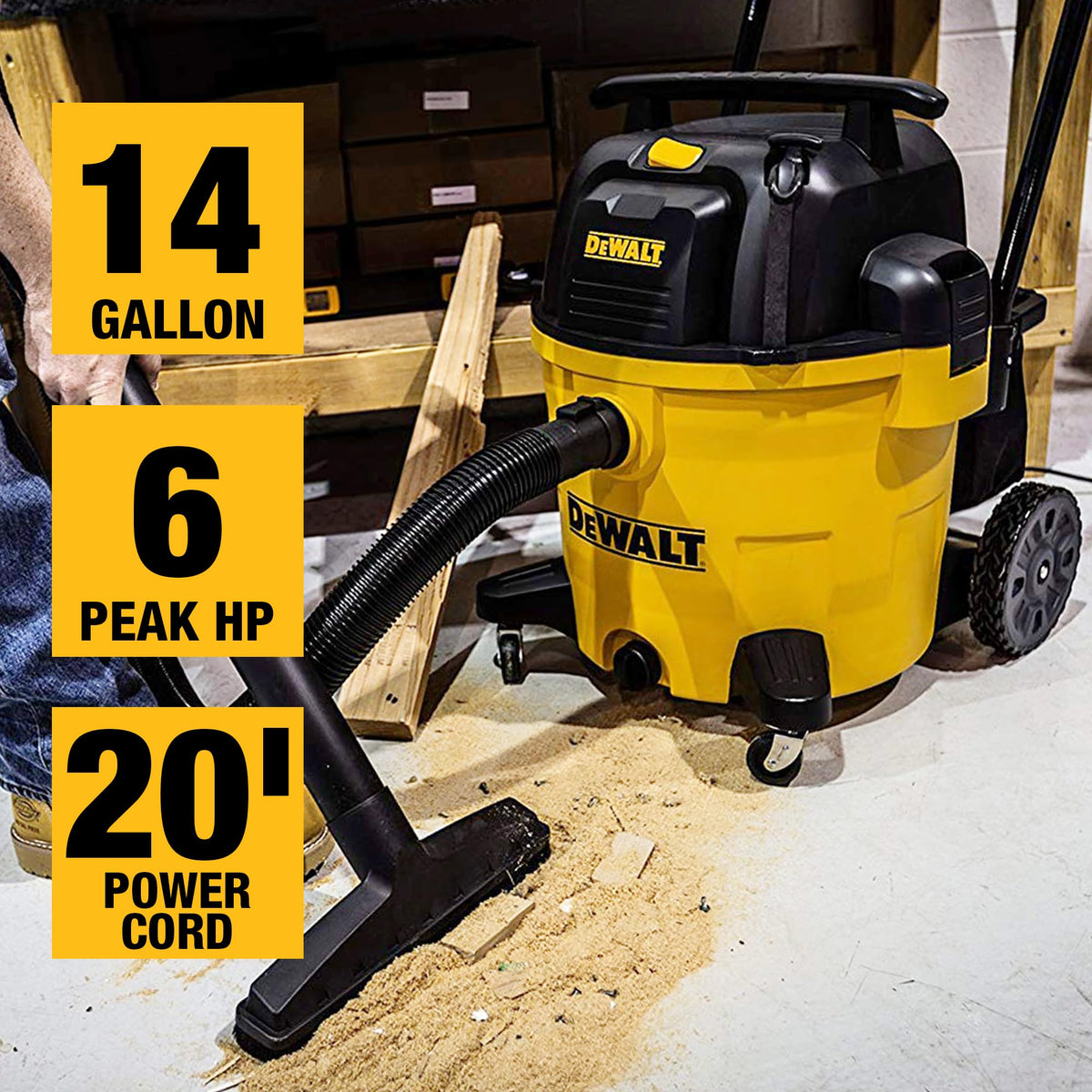 DEWALT DXV05P 5-Gallon Wet/Dry Vac, 4 Peak HP, 1-7/8-Inch Hose, Yellow