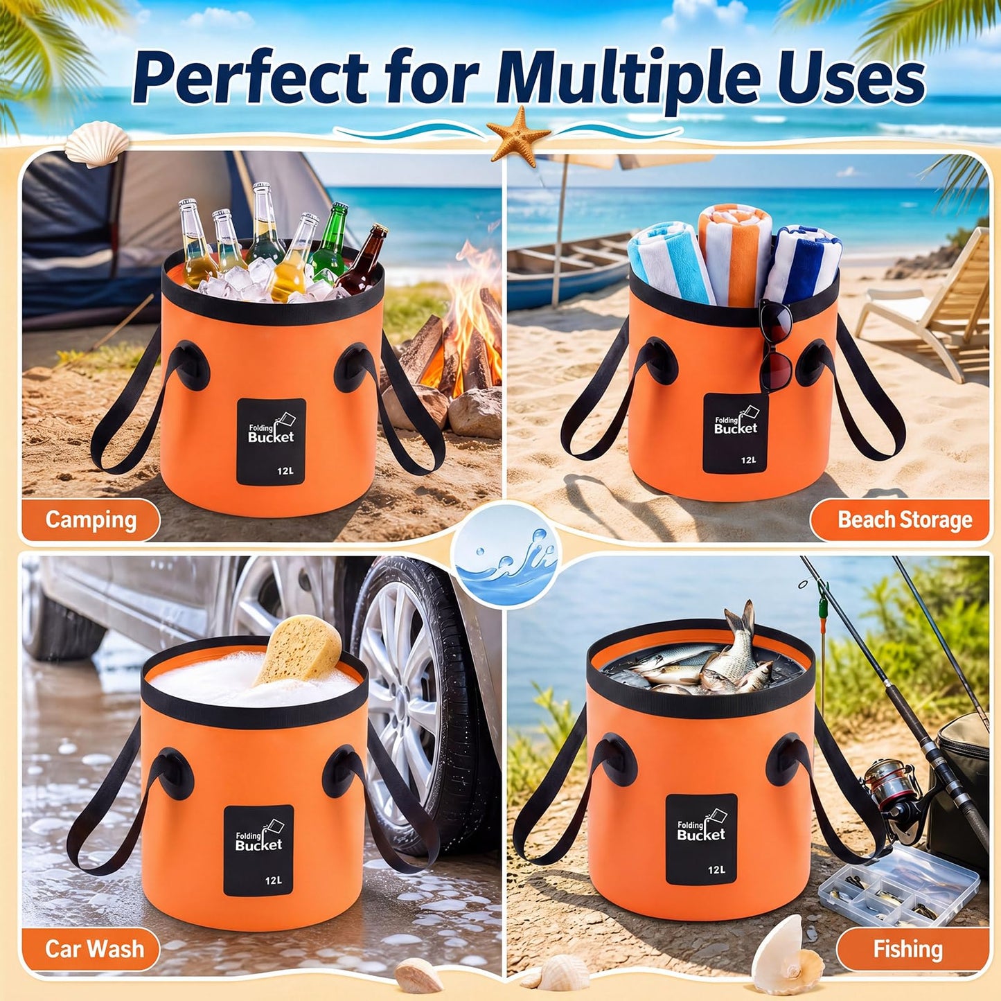 3 Gallon 4 Pack Collapsible Bucket, Foldable Water Bucket with Handles, Portable Camping Buckets for Fishing, Hiking, Cleaning, Outdoor & Travel Use (Multicolor)