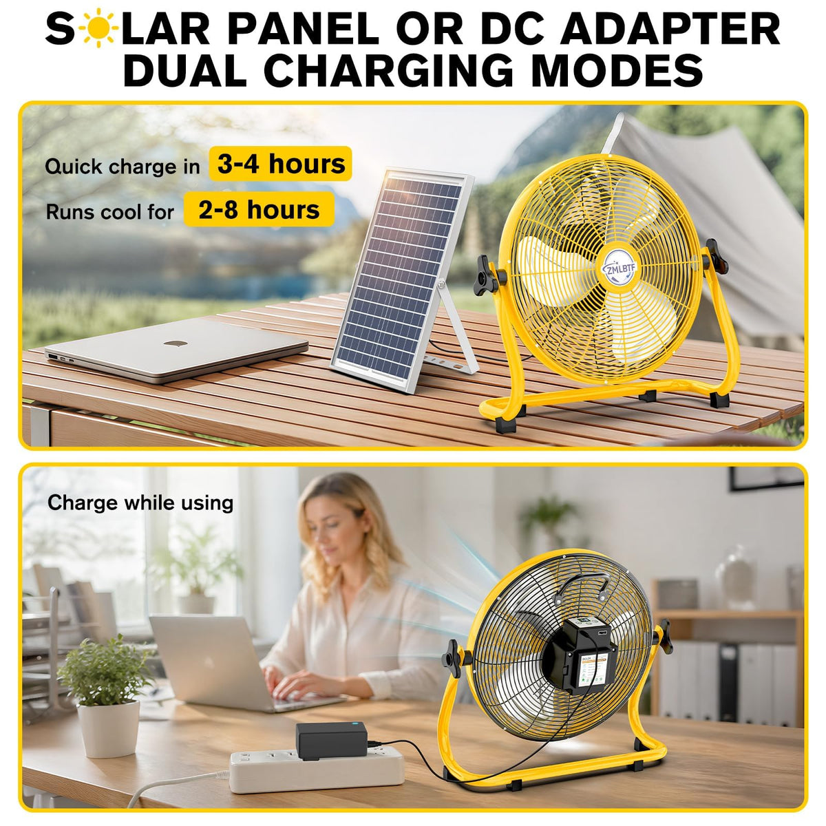 16" Solar Powered Fan with 20W Detachable Solar Panel, Black