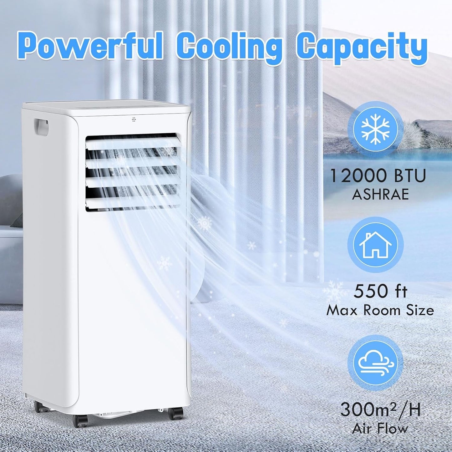 Portable Air Conditioner, 3-in-1 8500 BTU AC Unit with Fan & Dehumidifier – Quiet Cooling for Bedroom, Home Office up to 450 sq.ft, Includes Complete Window Mount Kit