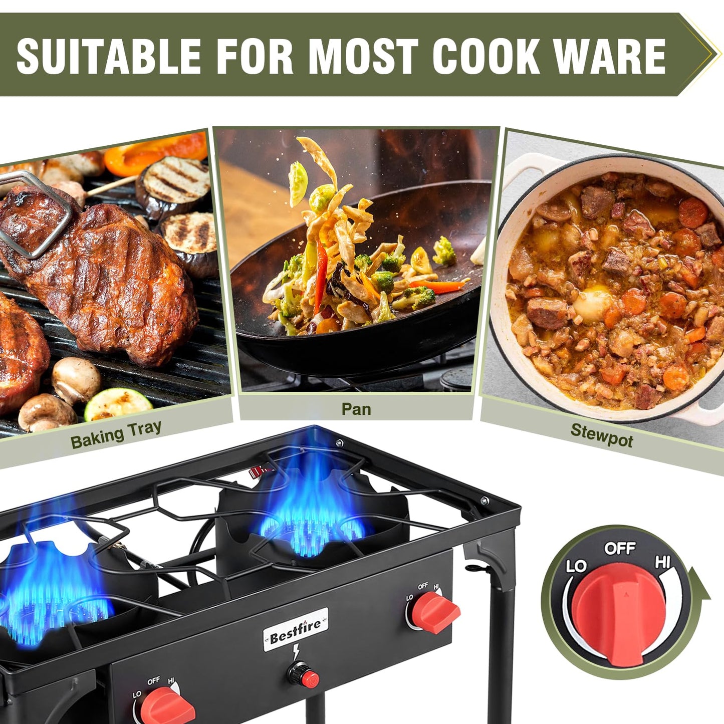 Bestfire 3 Burners Camping Stove for Cooking Outdoor, 225,000 BTU Propane Burners with Ignition wire&Removable Legs, Temperature Control Knobs and 20 PSIG High Pressure Regulator for BBQ