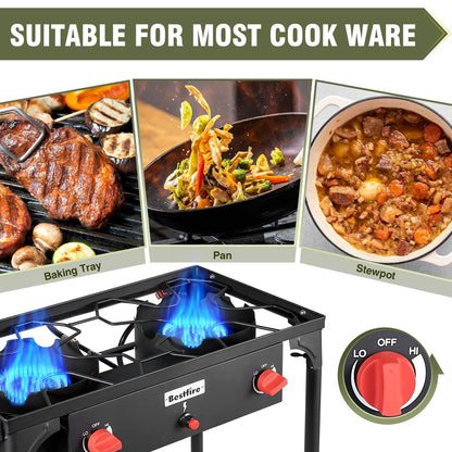 Bestfire 3 Burners Camping Stove for Cooking Outdoor, 225,000 BTU Propane Burners with Ignition wire&Removable Legs, Temperature Control Knobs and 20 PSIG High Pressure Regulator for BBQ
