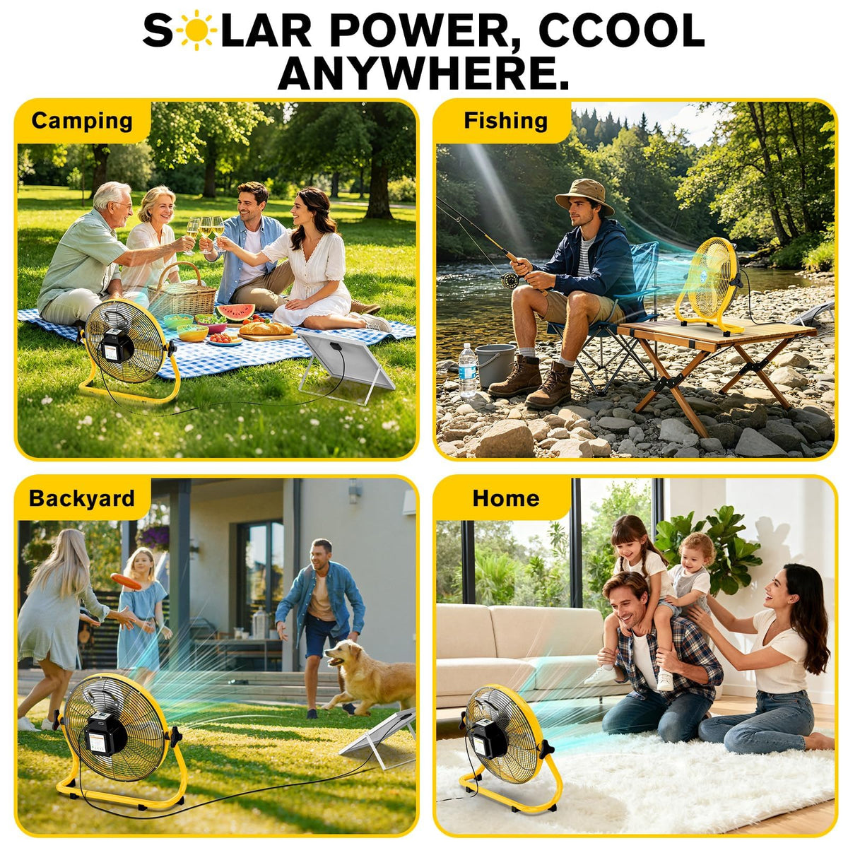 16" Solar Powered Fan with 20W Detachable Solar Panel, Black