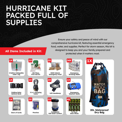 Pre-Packed Hurricane Kit - Comprehensive Hurricane Preparedness Items - Essential Hurricane Supplies - Complete Hurricane Supply List in a Waterproof Bag for 2 People