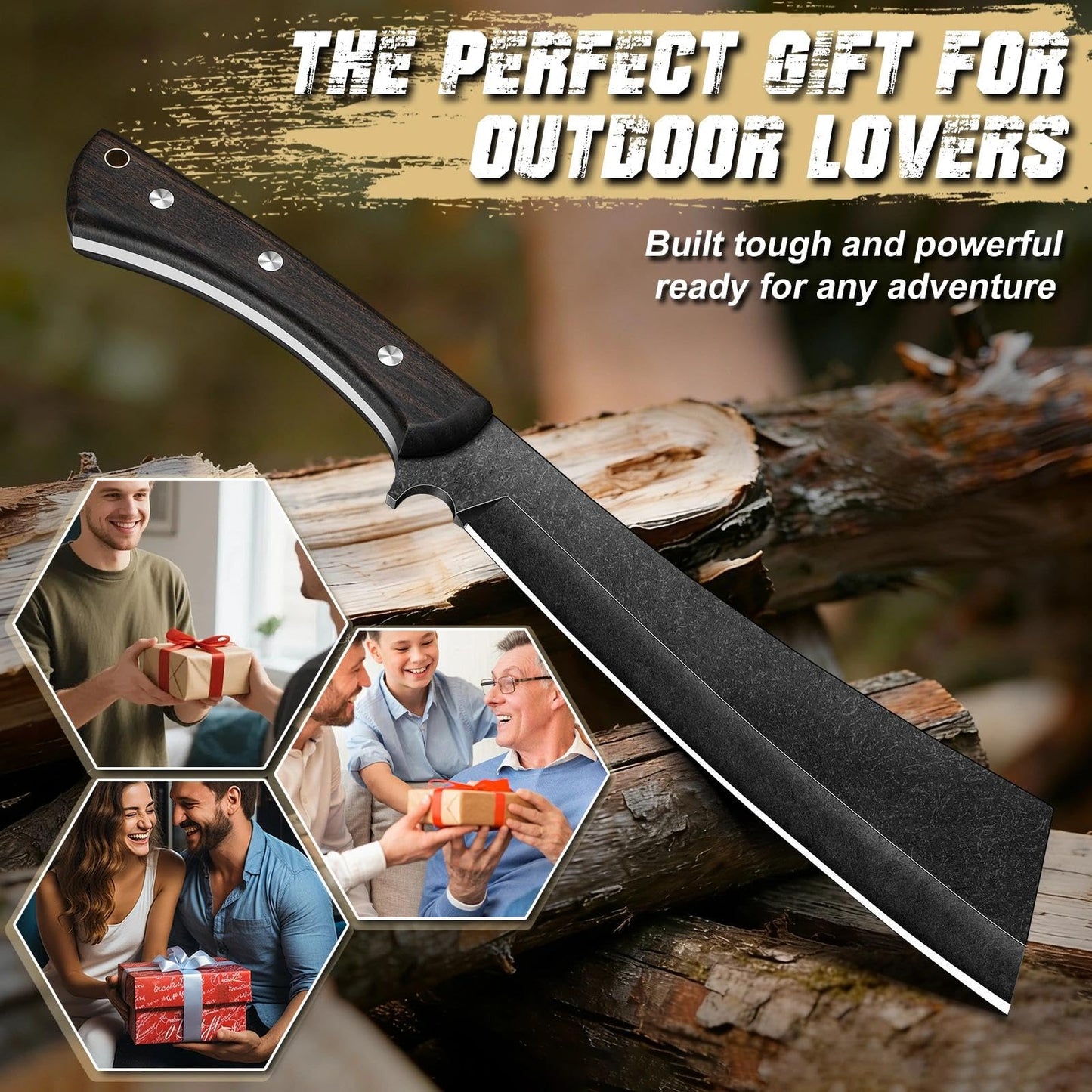 Freelander Japanese Machete for Cutting Trees Heavy Duty, Full Tang Black Survival Machete Knife with Wooden Sheath for Yard Work, Gardening, Camping and Bushcraft, Gifts for Men