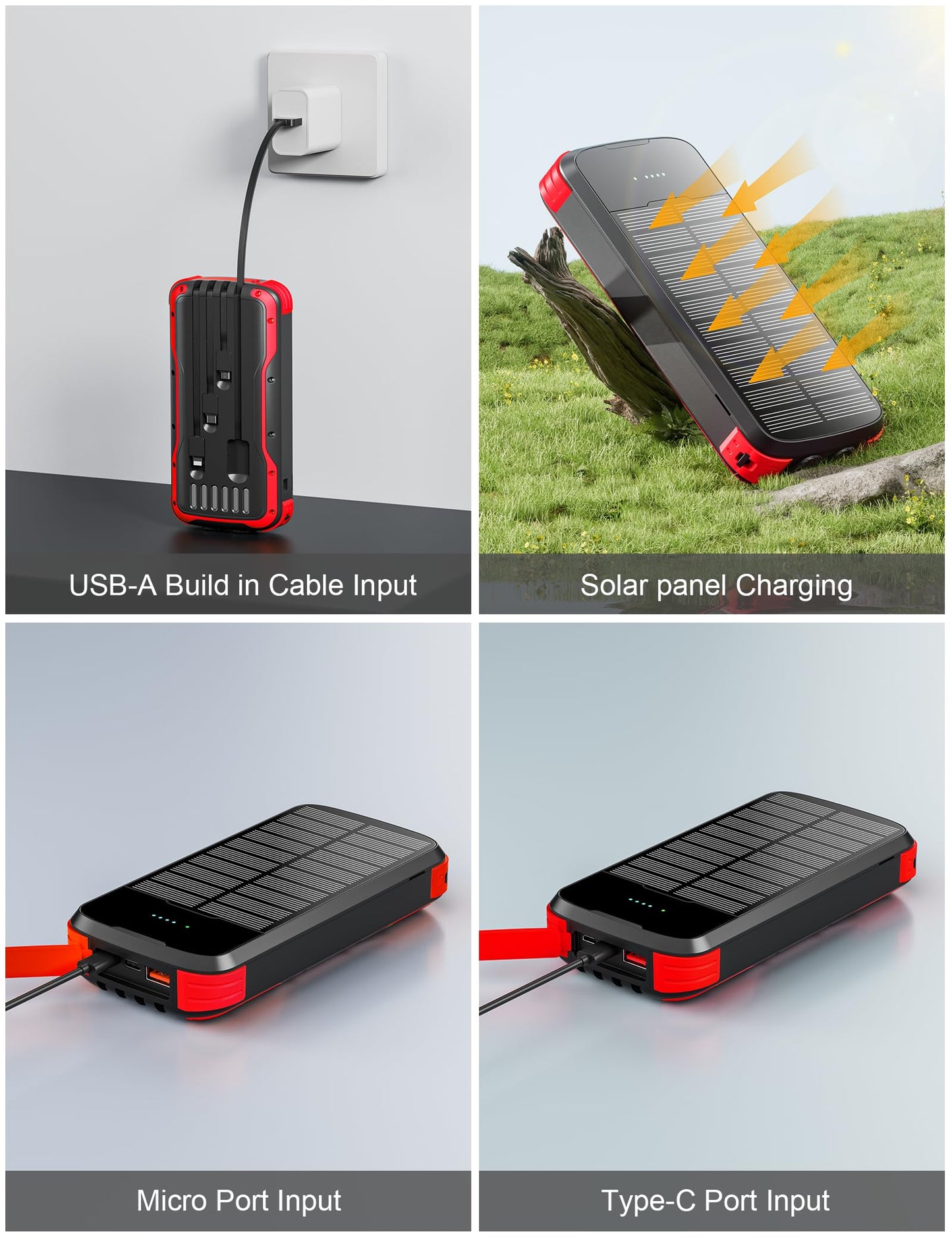 MINRISE Solar Power Bank 40000mAh, Portable Charger PD 20W Fast Charging Solar Charger Power Bank Built in 4 Cables and USB-C in/Output, Camping Essentials External Battery Pack with Flashlights