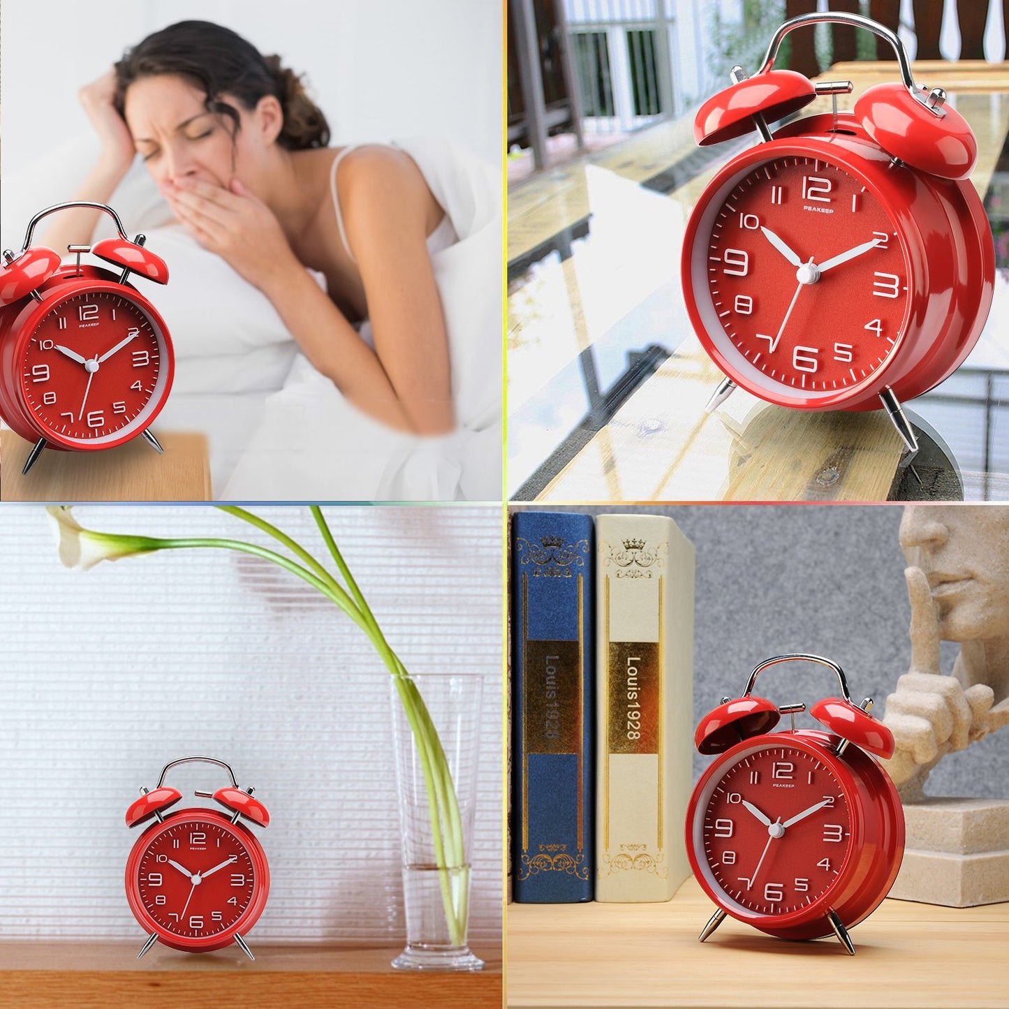 Peakeep 4 Inches Twin Bell Loud Alarm Clock for Heavy Sleepers, Backlight, Battery Operated Old Fashioned Alarm Clock for Bedrooms (3D-Dial, Black)