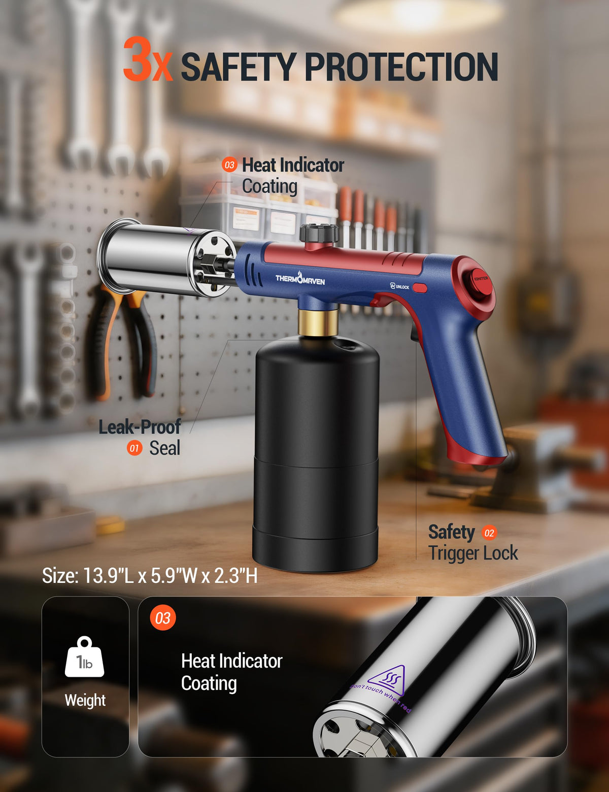 ThermoMaven Propane Torch Gun, One-Touch Max Fire Flame Thrower, Silver
